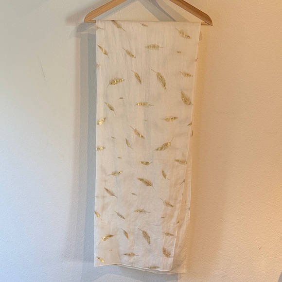 Lightweight White Scarf Wrap with Gold Foil Feather Accents, 28”x 70” - Picture 3 of 5